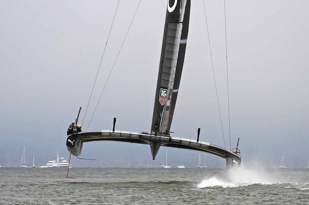 Oracle Team USA v Emirates Team New Zealand. America’s Cup Day 2, San Francisco. Oracle Team USA heads into the fog, Race 3 © Richard Gladwell www.photosport.co.nz